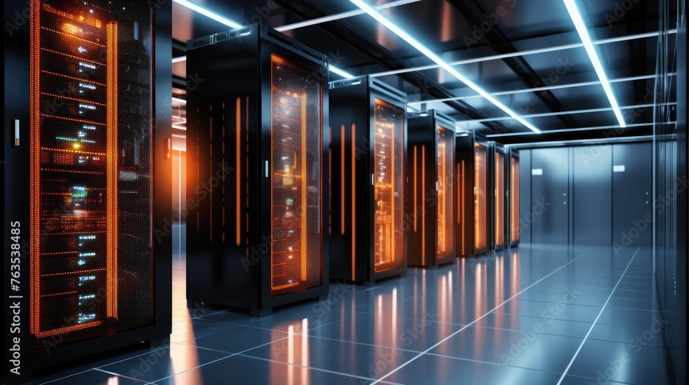 Poster depict a state of the art data center with rows of server racks, cooling systems, and redundant powe