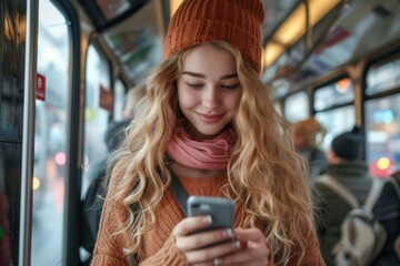 Young smiling girl typing on her cell phone on the bus