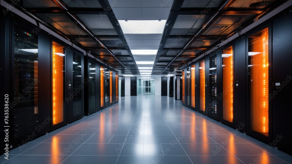 Poster depict a state of the art data center with rows of server racks, cooling systems, and redundant powe