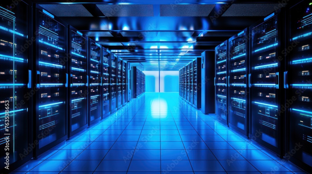 Poster depict a state of the art data center with rows of server racks, cooling systems, and redundant powe