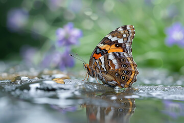 A lesser purple emperor butterfly on a wet stone after a rainstorm, the fresh environment...