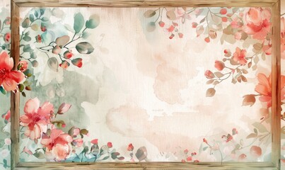 Wooden frame and watercolor roses. blue and pink background, space for text