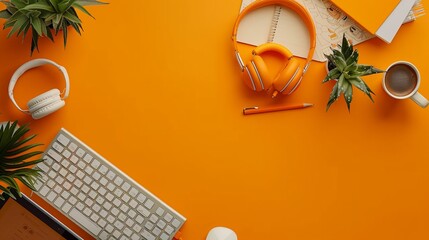 A creative flat lay featuring a workspace desk adorned with office stationery, a keyboard, headphones, and lifestyle objects, all placed on an orange background with ample copy space.
