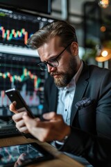 Businessman is holding a smartphone and checking stock and cryptocurrency markets