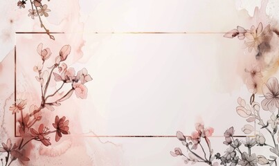Thin golden frame on watercolor background, space for text