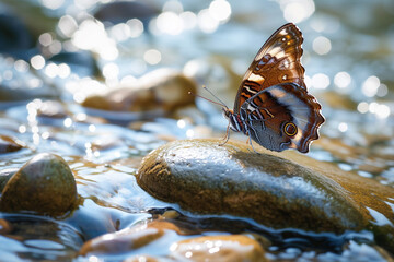 A lesser purple emperor butterfly on a smooth river stone, its wings spread wide, reflecting the...