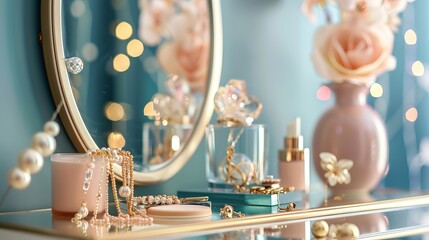 An arrangement of golden accessories and jewelry placed on a dressing table near a colored wall.