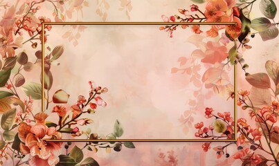 Thin golden frame on watercolor background, space for text