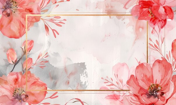 Thin golden frame on watercolor background, space for text