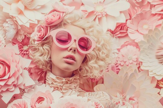 A fashion photo of a blonde model with big pink sunglasses
