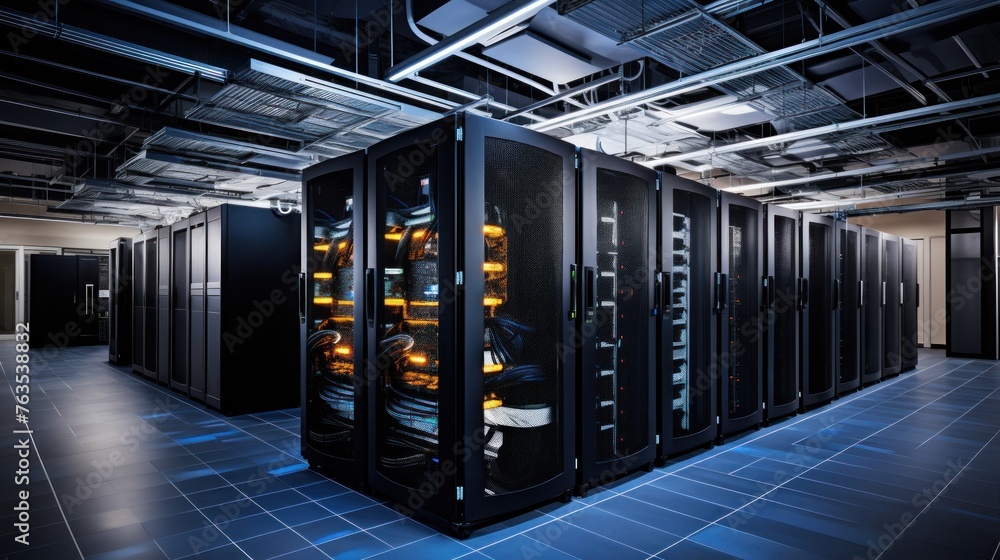 Poster depict a state of the art data center with rows of server racks, cooling systems, and redundant powe
