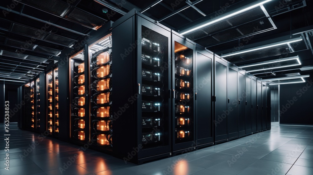 Poster depict a state of the art data center with rows of server racks, cooling systems, and redundant powe
