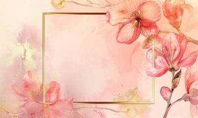 Golden minimalistic frame on watercolor floral background