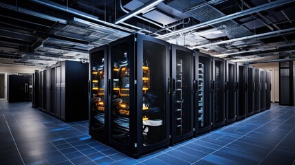 Depict a state of the art data center with rows of server racks, cooling systems, and redundant power supplies