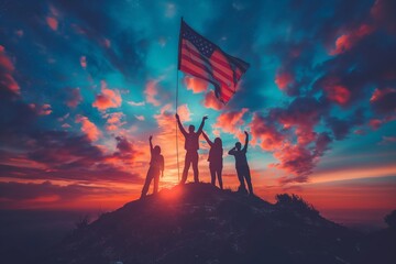 United Under the Flag Amidst a Stunning Sunset.