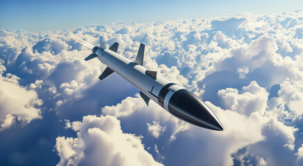 Hypersonic missile. A combat rocket is flying above the clouds. Missile attack, air attack, war, missile strike.	