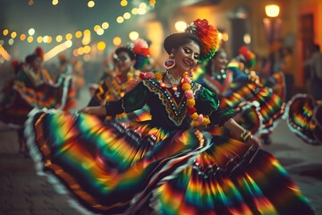 Mexican dancers with colorful skirts in motion blur. Сinco de Mayo celebration, holiday. Mexican...