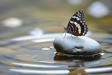 A lesser purple emperor butterfly on a stone in a serene pond, the calm water around it reflecting...