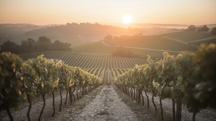 Fototapeta premium Serene Vineyard Bathed in Warm Sunset Light