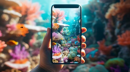 Oceanic Odyssey: A Hand Holds a Smartphone Screen, Presenting a Mesmerizing Display of Vibrant Ocean Life and Aquatic Wonders