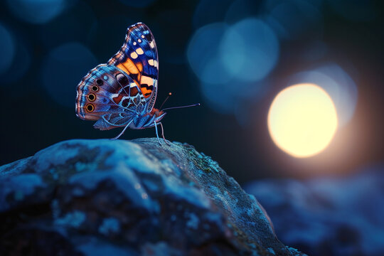 A lesser purple emperor butterfly on a stone under the full moon, the nocturnal light casting a gentle glow on its wings. The scene captures the quiet of the night.