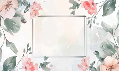 Silver frame in the middle, watercolor flowers, space for text