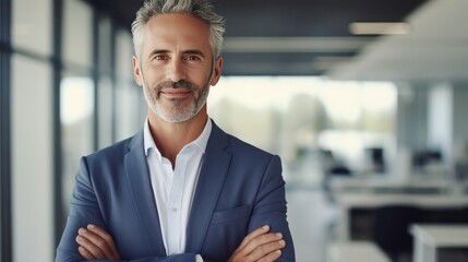 Mature 50 year old confident businessman executive standing with crossed arms in office looking at camera