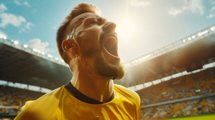 A football player in a yellow T-shirt celebrates victory, unleashing shouts of joy against the backdrop of a football stadium. Emotional celebration of winning the game.  - obrazy, fototapety, plakaty