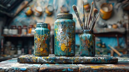 The palette of the artist-painter with brushes, tubes of paint, oil can to dilute the paint - obrazy, fototapety, plakaty