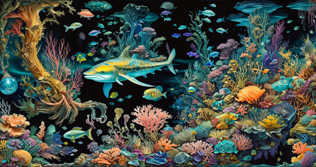 underwater scene with corals and tropical fish.  marine wallpaper. Cute underwater world and coral reef inhabitants. undersea fauna of tropics. fantasy background, illustrations of animals