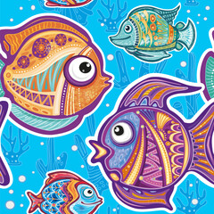 Seamless Pattern with Decorative fishes and Corals - 763540012