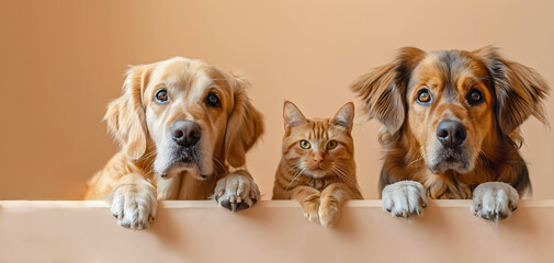  Two dogs and red cat looking at the camera on peach background. Space for advertising project or design
