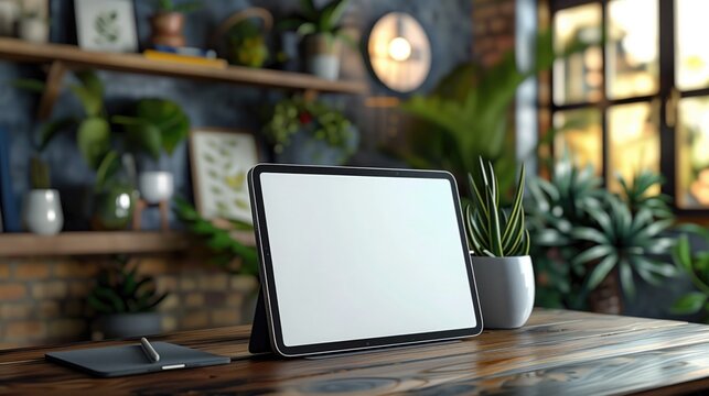 mockup image, laptop or tablet at the table in modern empty office, white screen
