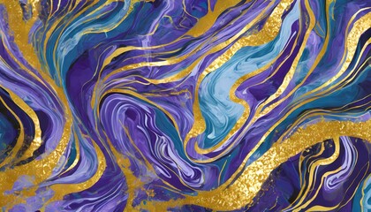 abstract marbling oil acrylic paint background illustration art wallpaper purple blue gold color with waving waves swirls liquid fluid marbled texture banner painting texture