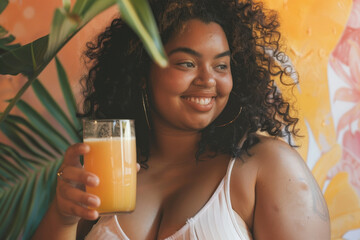 A plus-size model enjoying a glass of fresh juice after a dance workout
