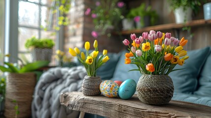 Easter decor with flowers and eggs. Easter - obrazy, fototapety, plakaty