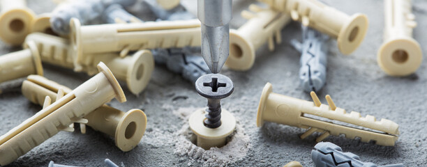 screwdriver screw and dowel in a concrete wall background