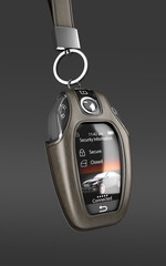 Car remote control key in lather case realistic perspective view 3d render on darck - 763540454