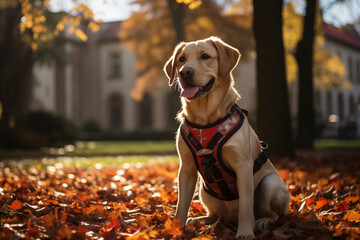 Labrador Retriever in a Red Harness Surrounded by Autumn Leaves