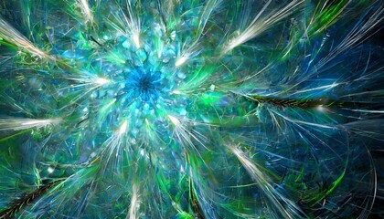abstract blue and green fireworks holiday background with fantastic light effect digital fractal art 3d rendering