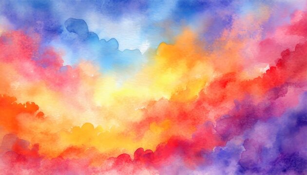 colorful watercolor background of abstract sunset sky with puffy clouds in bright rainbow colors of blue yellow red orange and purple