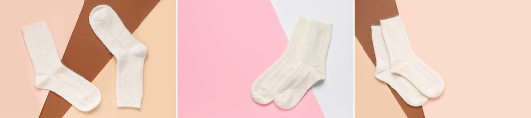 Set of warm knitted socks on color background