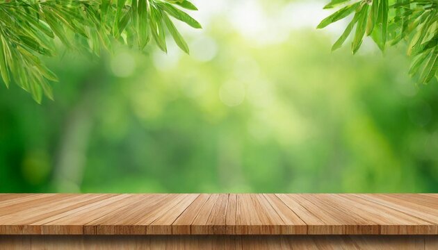 empty wooden table or shelf over green blurred nature background summer background with empty space for product display