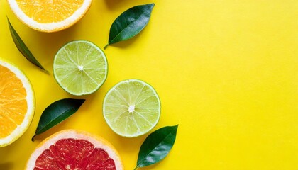 flat lay composition with slices of fresh lemon orange grapefruit lime green leaves on yellow background top view copy space citrus juice concept vitamin c fruits creative summer background - obrazy, fototapety, plakaty