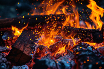 The base of a campfire, focusing on the contrast between the bright, hot flames and the charred wood, with sparks rising up into the night sky.