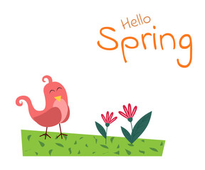 Hello spring background with little birds in, vector, illustration. spring funny birds on a soft pastel color background. Card, sticker, poster, print, banner Positive spring vector illustration.
