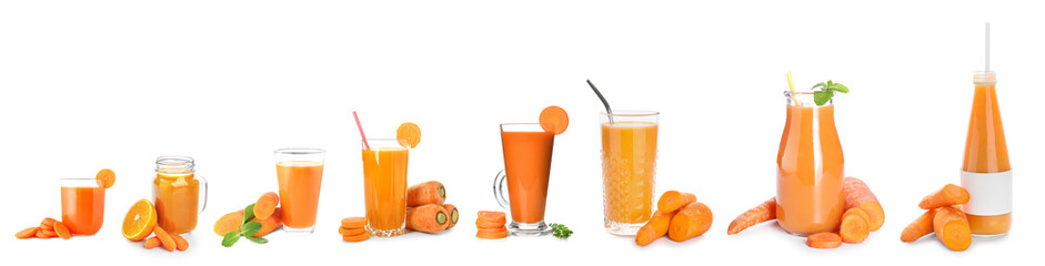 Set of fresh carrot juice isolated on white