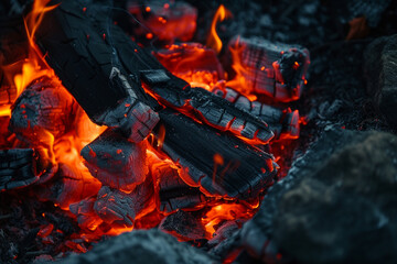 The glowing red embers of a dying campfire, with a few lingering flames providing a final display of warmth and light. - obrazy, fototapety, plakaty