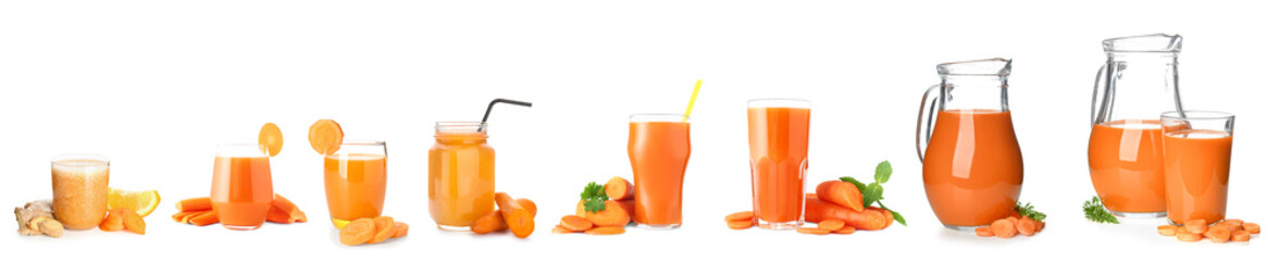 Set of fresh carrot juice isolated on white - obrazy, fototapety, plakaty