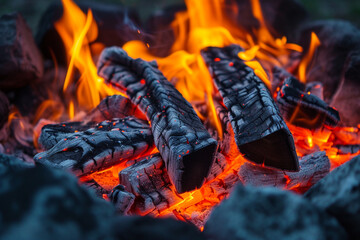 The intense heat and light of a campfire captured up close, focusing on the core where the flames...